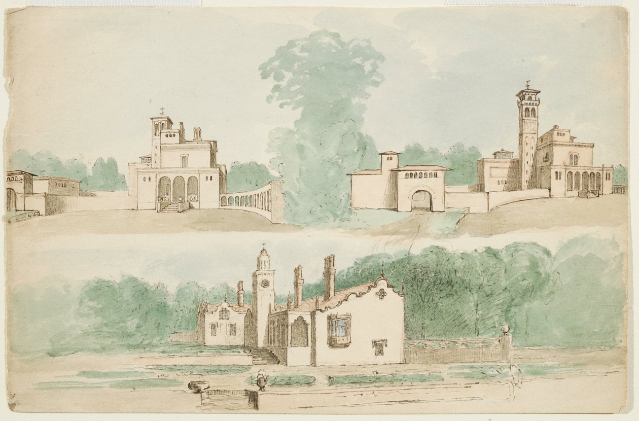 Tre arkitektoniske skitser af villaer (wc på papir) af Charles Cromwell Ingham