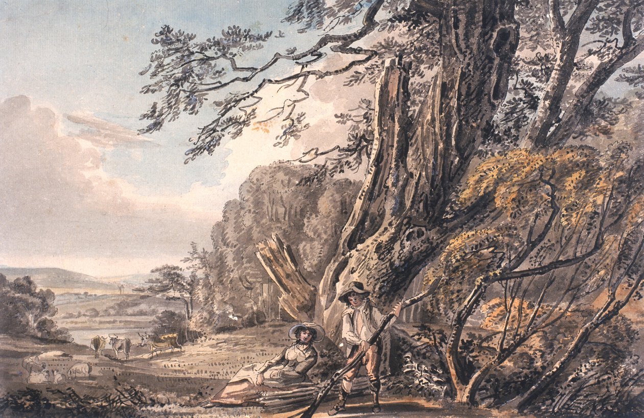 Landskab med figurer (blæk, blyant og wc på papir) af Charles D. Waller