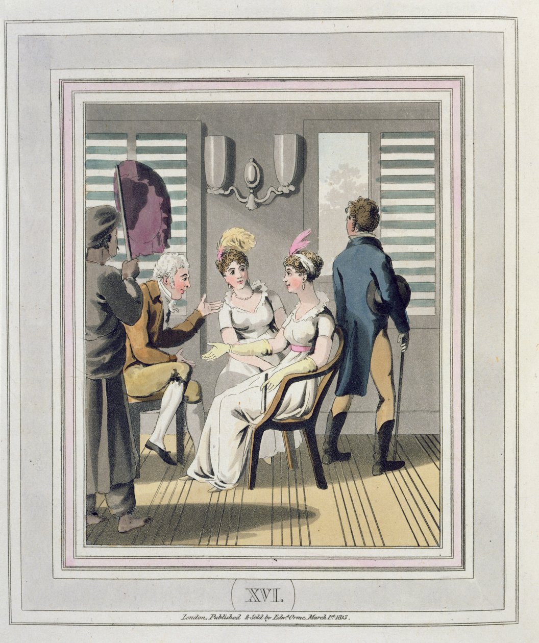 En europæisk dame, ledsaget af en tjener, bruger en håndpunkah eller vifte, plade 16 fra "The European in India", udgivet 1813 (håndkoloreret akvatint) af Charles d Oyly