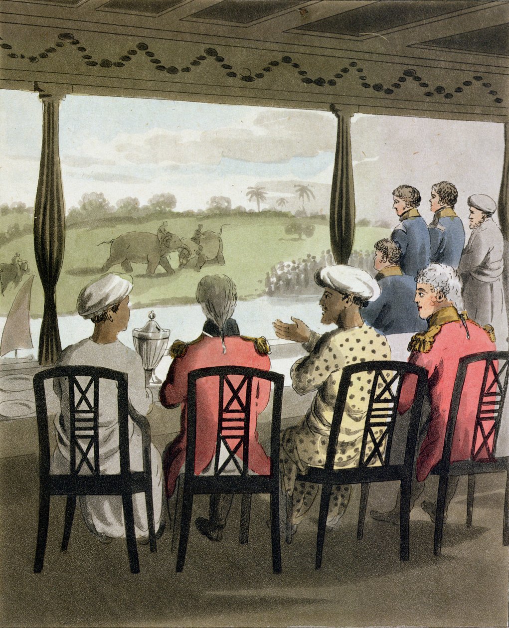 Marquis Wellesley og hans Suite, ved Nabob of Oudes morgenmadsbord, ser på en elefantkamp, plade 20 fra 