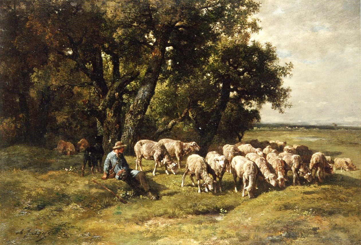 En hyrde og hans flok olie på lærred af Charles Emile Jacques