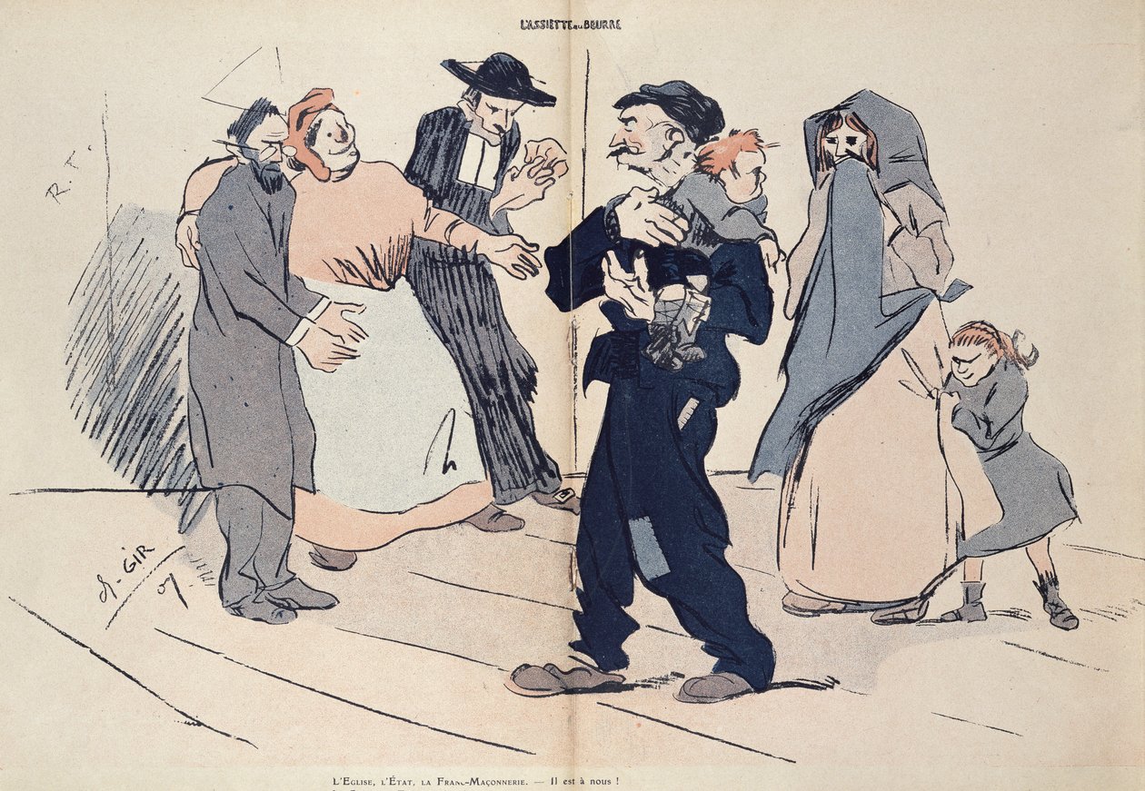 Kamp for et barn mellem barnets familie og kirken, staten og frimurerne, karikatur fra 