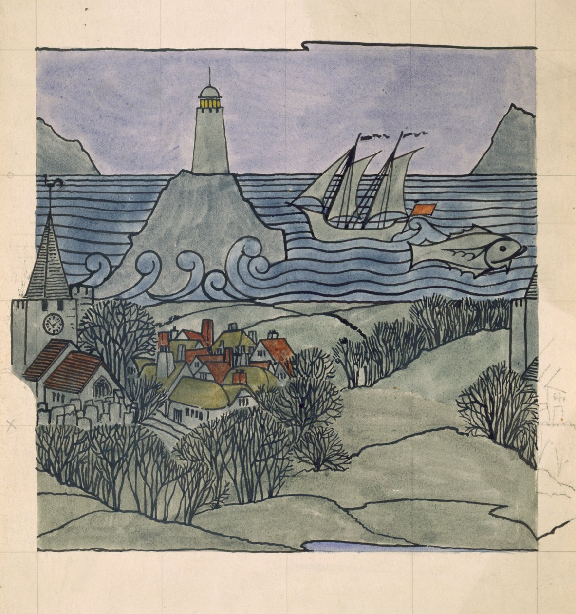 Fyrtårn, skib og landsby (wc og blyant på papir) af Charles Francis Annesley Voysey