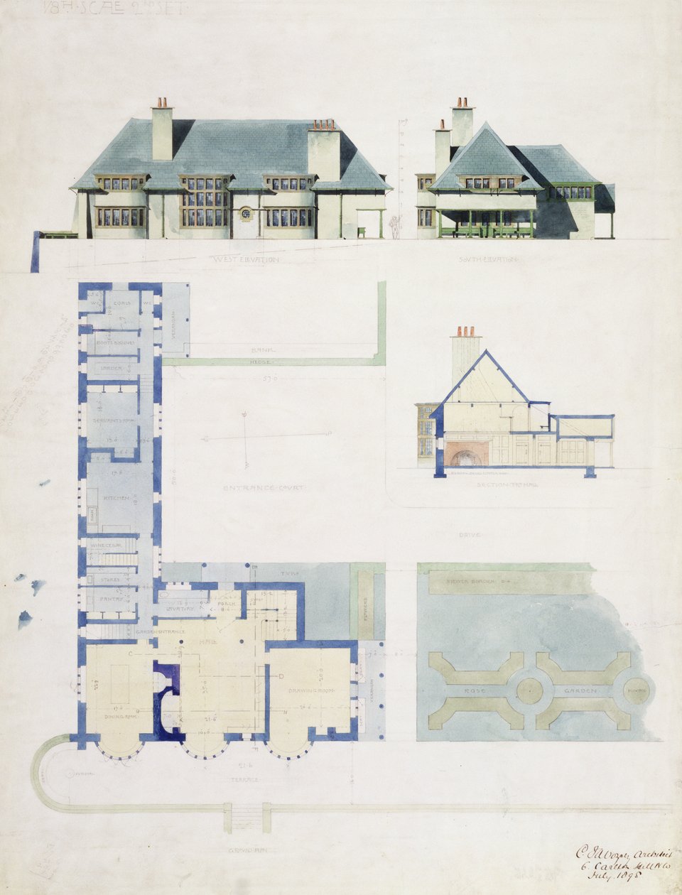 Foreslået design for Broad Leys, Windermere, for Arthur Currer Briggs Esq., 1898, (wc og blyant på papir) af Charles Francis Annesley Voysey
