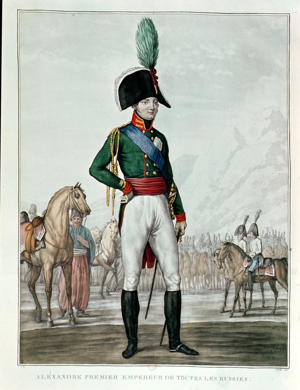 Portræt af Alexander I Pavlovich (1777-1825) med sin hær af Charles Francois Gabriel Levachez