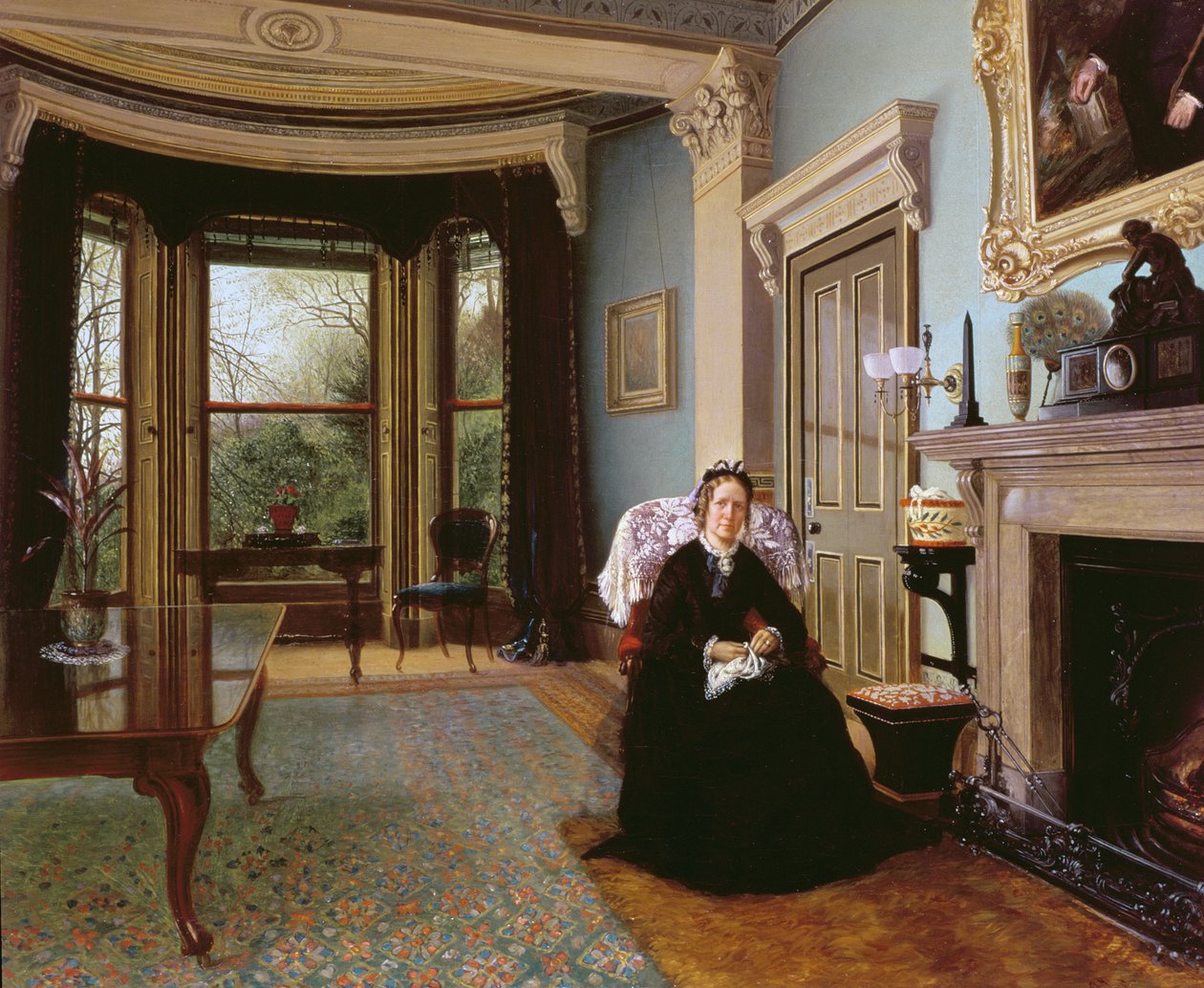 Victoriansk interiør med siddende dame af Charles Frederick Lowcock