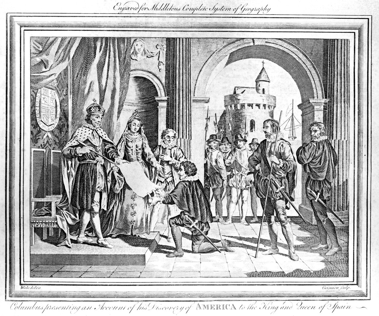 Christopher Columbus (1451-1506) præsenterer en beretning om sin opdagelse af Amerika for kongen og dronningen af Spanien af Charles Grignion