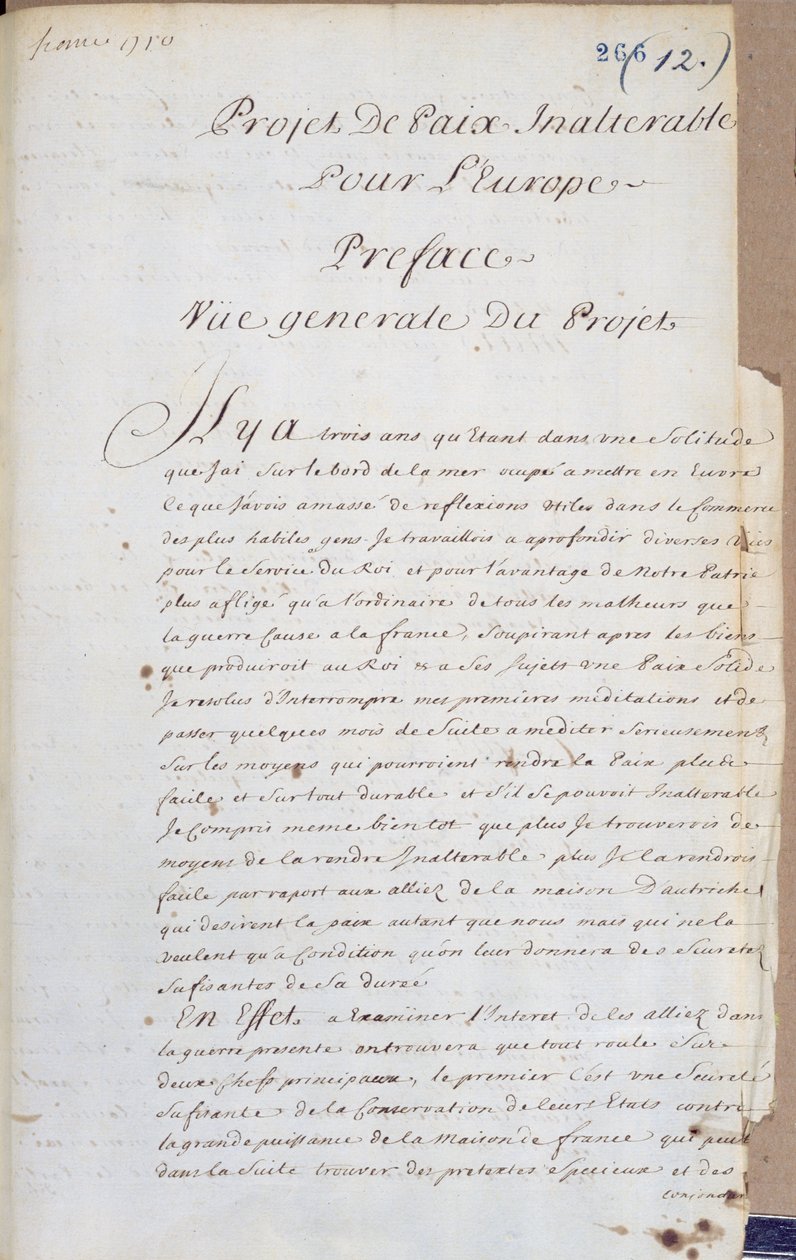 Forord til Projet de Paix Inalterable pour lEurope (Projekt for uforanderlig fred i Europa) c.1710-13 (pen og blæk på papir) af Charles Irenee Castel, Abbe de Saint Pierre