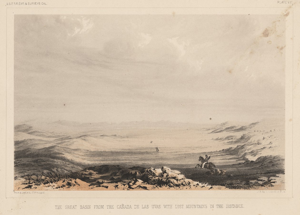 Det store bassin fra Canada de las Uvas med de forsvundne bjerge i det fjerne, litho af A. Hoen und Co., 1855 (chromolitho) af Charles Koppel