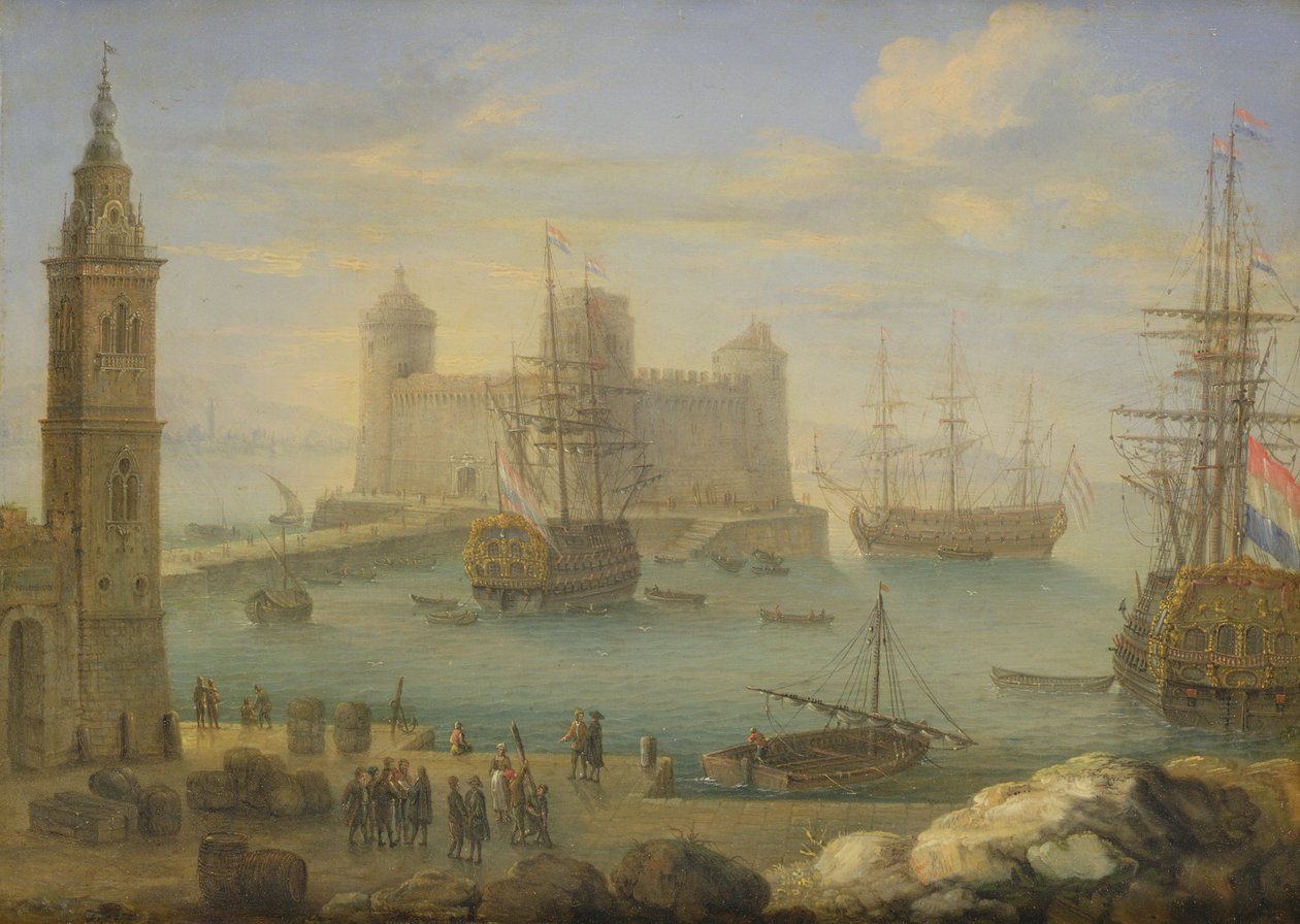 En middelhavshavn med mænd o krig (olie på kobber) af Charles Laurent Grevenbroeck