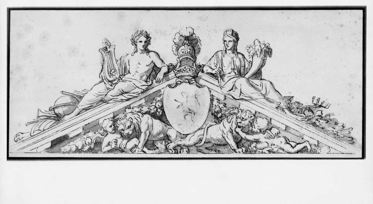 Projekt til frontonet på slottet Vaux-Le-Vicomte (pen og brun blæk og pierre noire og brun vask på beige papir) af Charles Le Brun