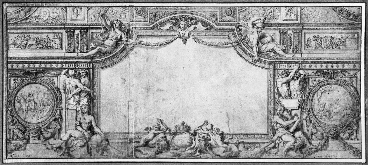 Projekt af dekoreret loft, ca.1663 (pen og sort blæk og grå vask på brunt papir) af Charles Le Brun