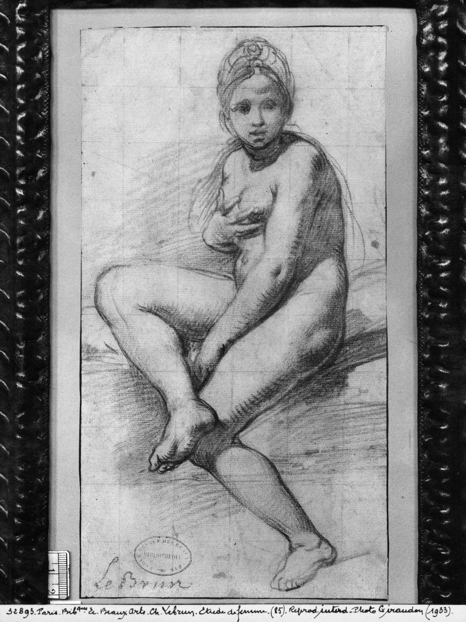 Siddende kvinde (rødt kridt på papir) af Charles Le Brun