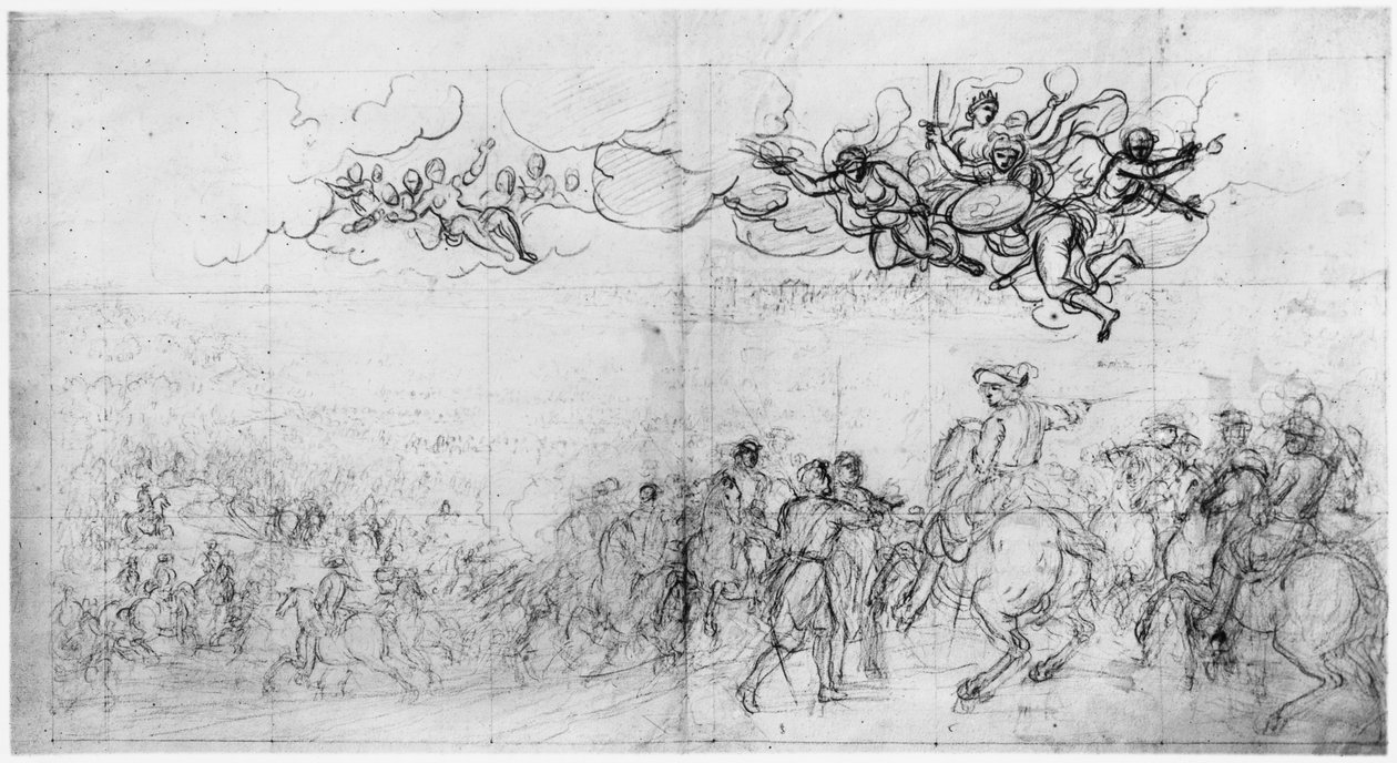 Passagen på Rhinen (pierre noire og rødt kridt på papir) af Charles Le Brun