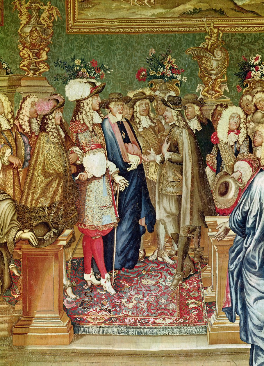 The Story of the King, en audiens gives af Ludvig XIV til greven af Fuentes, ambassadør for kong Filip IV af Spanien på Louvre, 24. marts 1662 detaljer om Louix XIV og ambassadøren, vævet en af Charles Le Brun