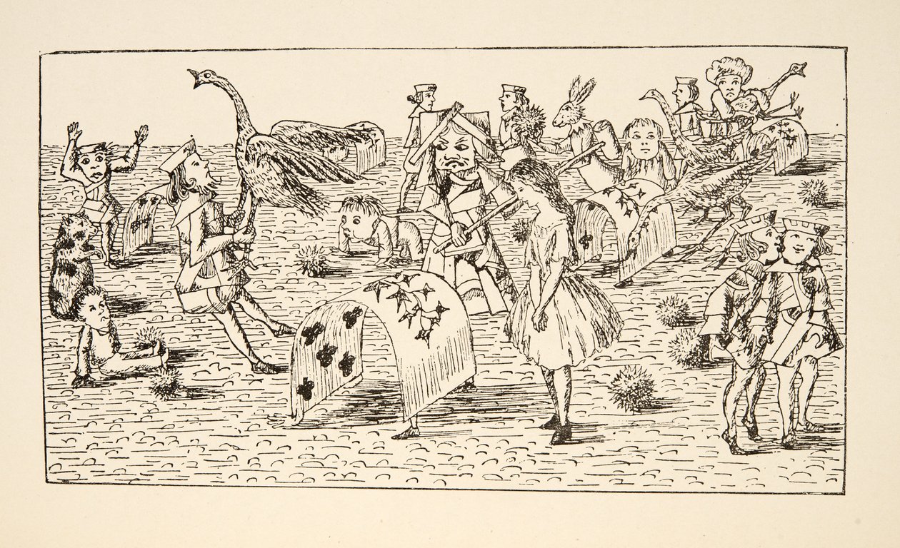 Alice og den røde dronning spiller kroket, illustration fra Alice