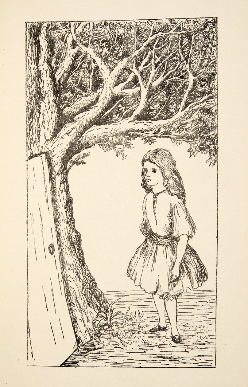 Alice finder en dør ind i træet, illustration fra Alices eventyr under jorden, pub. 1886 (faksimile) af Charles Lutwidge Dodgson