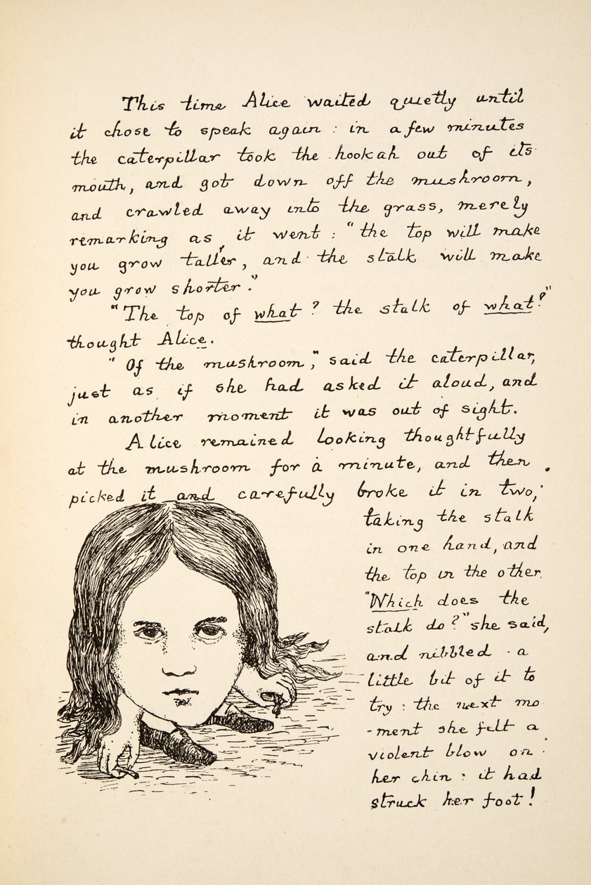 Alices hage slår hendes fødder efter at have spist svampen, illustration fra Alice