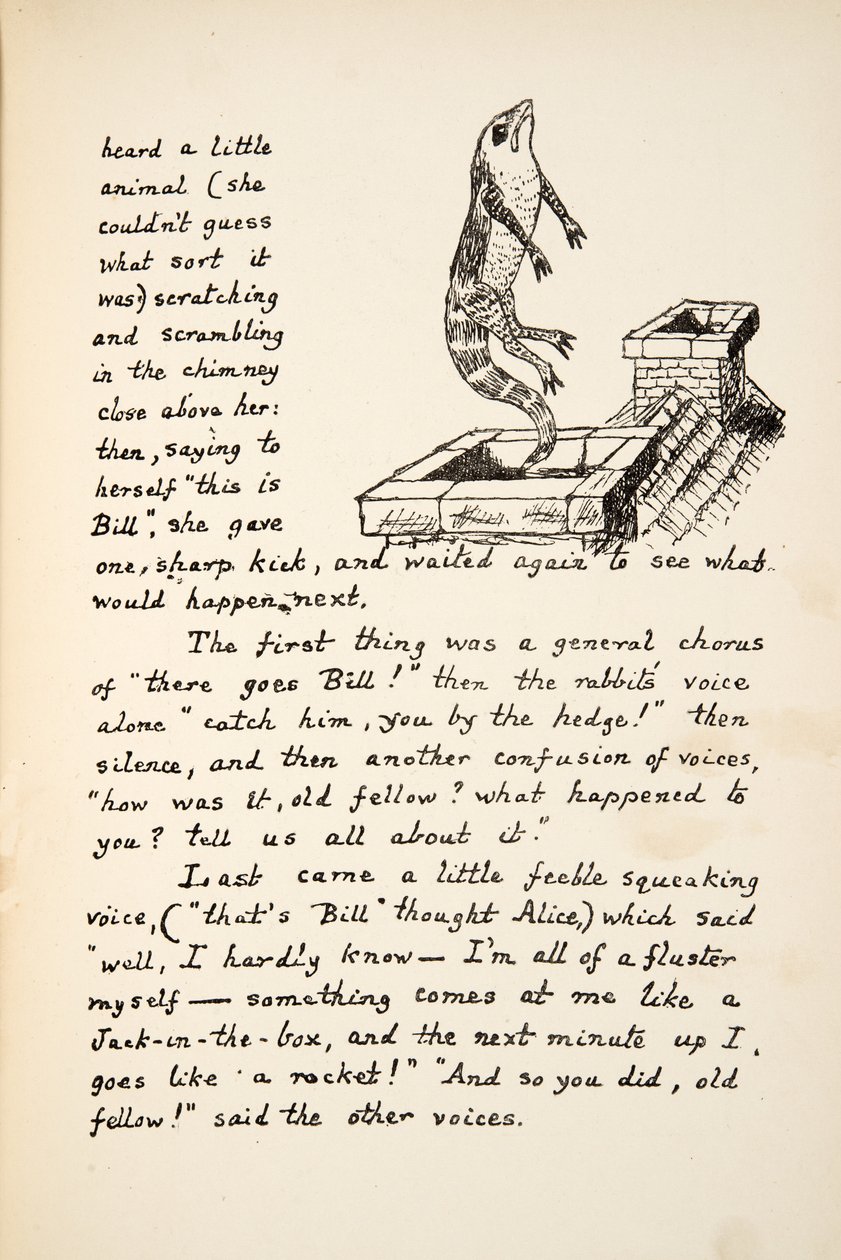 Der går Bill, illustration fra Alices Adventures Under Ground, pub. 1886 (faksimile) af Charles Lutwidge Dodgson