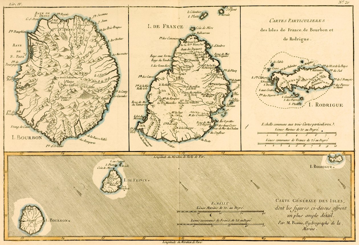 Rodriguez-øerne, Isle de France og Bourbon-øerne, fra "Atlas de Toutes les Parties Connues du Globe Terrestre" af Guillaume Raynal (1713-96) udgivet i 1780 af Charles Marie Rigobert Bonne