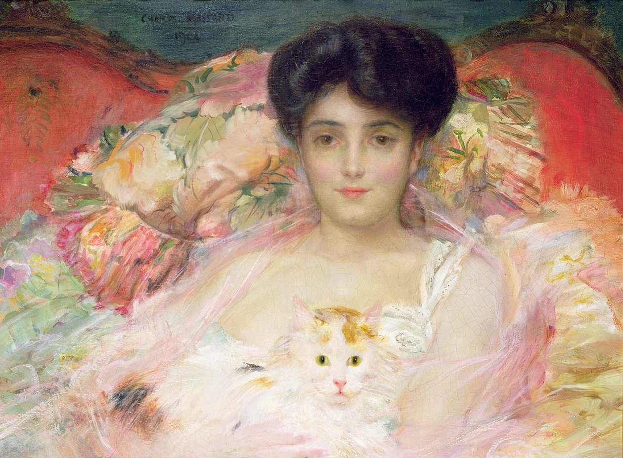 Dame med en kat, 1904 (olie) af Charles Massard