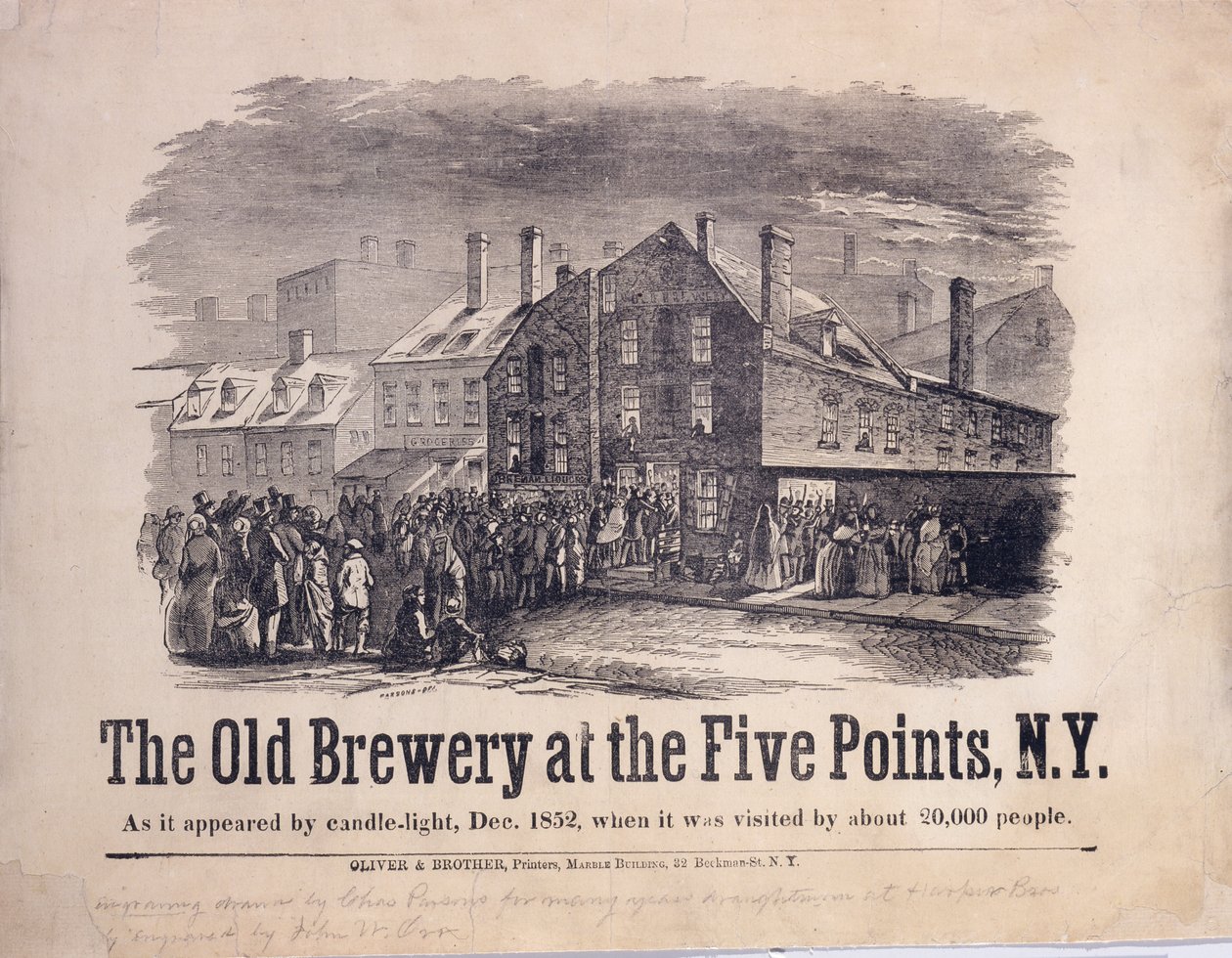 The Old Brewery at the Five Points, New York, som det dukkede op ved stearinlys, december 1852, da det blev besøgt af omkring 20.000 mennesker, indgraveret af John W. Orr (1815-57), ca. 1853 (trægravering) af Charles Parsons