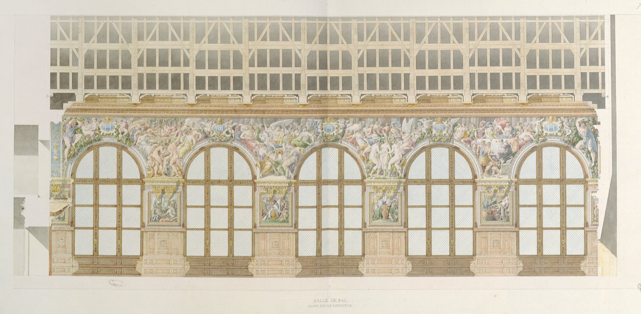 Ms 1014 Elevation af balsalen i Fontainebleau, tallerken fra et album (wc og blyant på papir) af Charles Percier