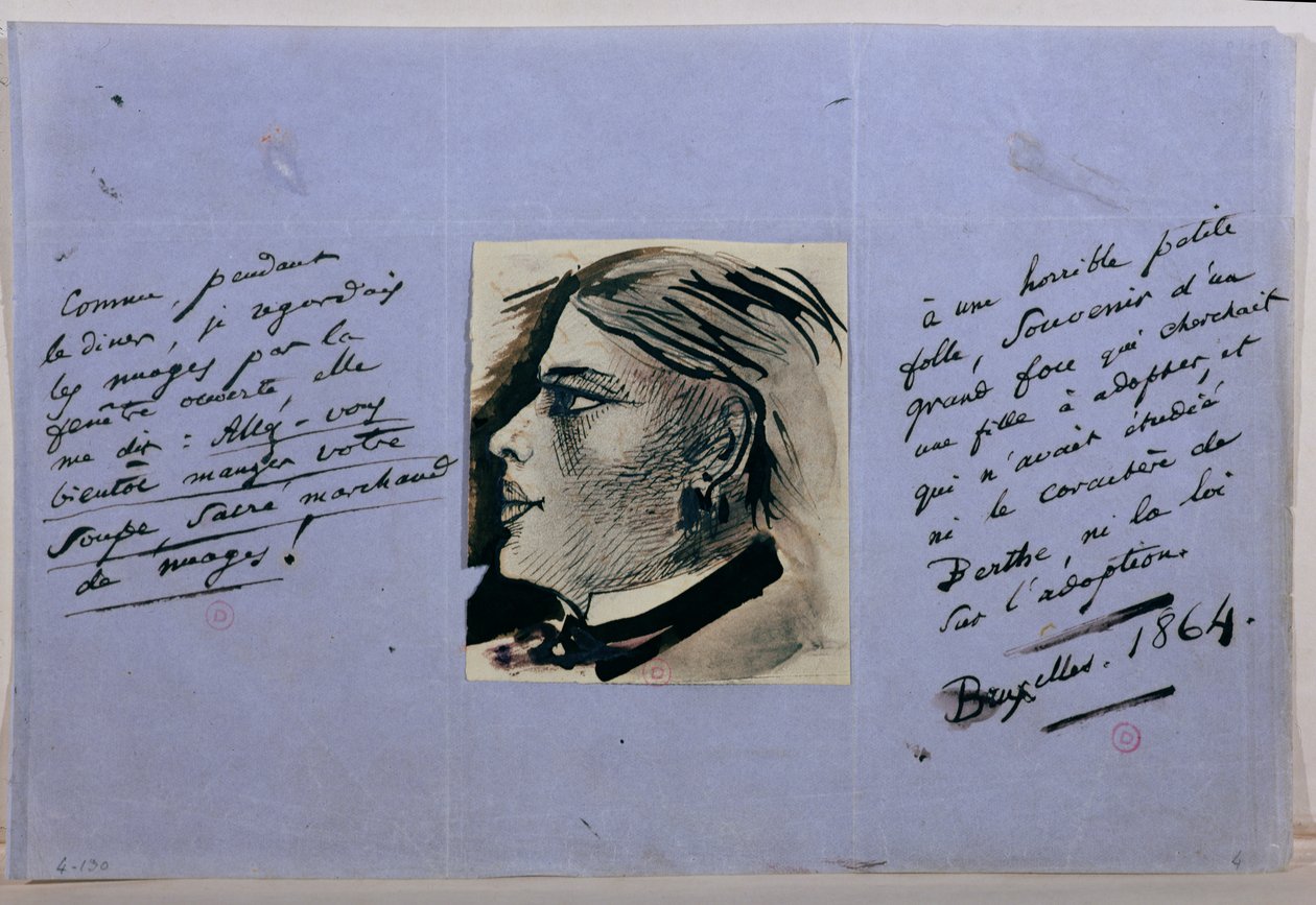 Manuskriptside med portræt af Berthe, Baudelaires sidste elskerinde, Bruxelles 1864 af Charles Pierre Baudelaire