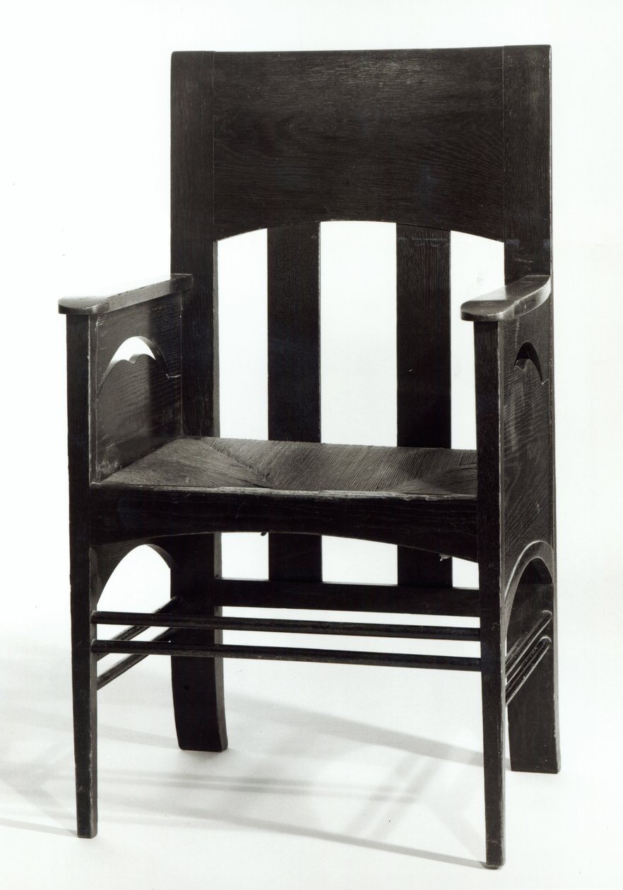 Lænestol, ca.1897 (mørkbejdset egetræ med sæde af siv og gennembrudte sidepaneler) af Charles Rennie Mackintosh