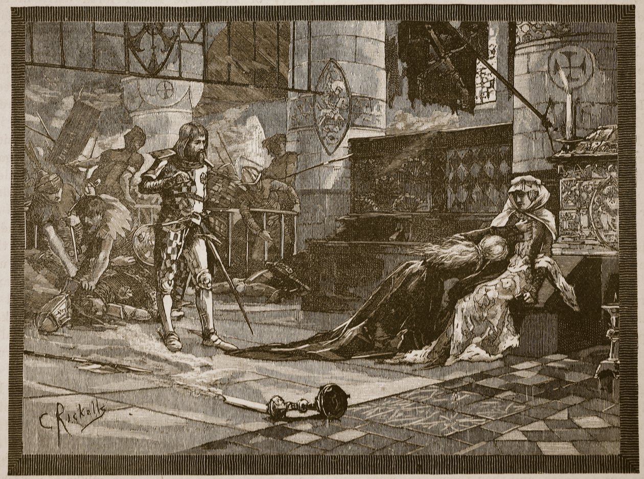 Tilfangetagelse af Bruces kone og datter i Tain, 1306, illustration fra 