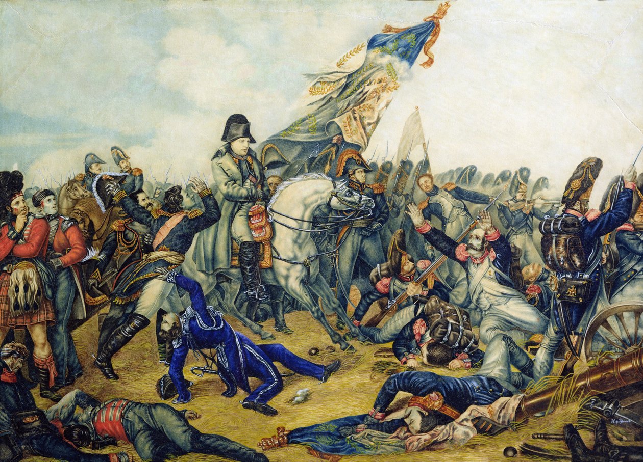Slaget ved Waterloo i 1815, 1831 (wc og blæk på papir) af Charles Steiben