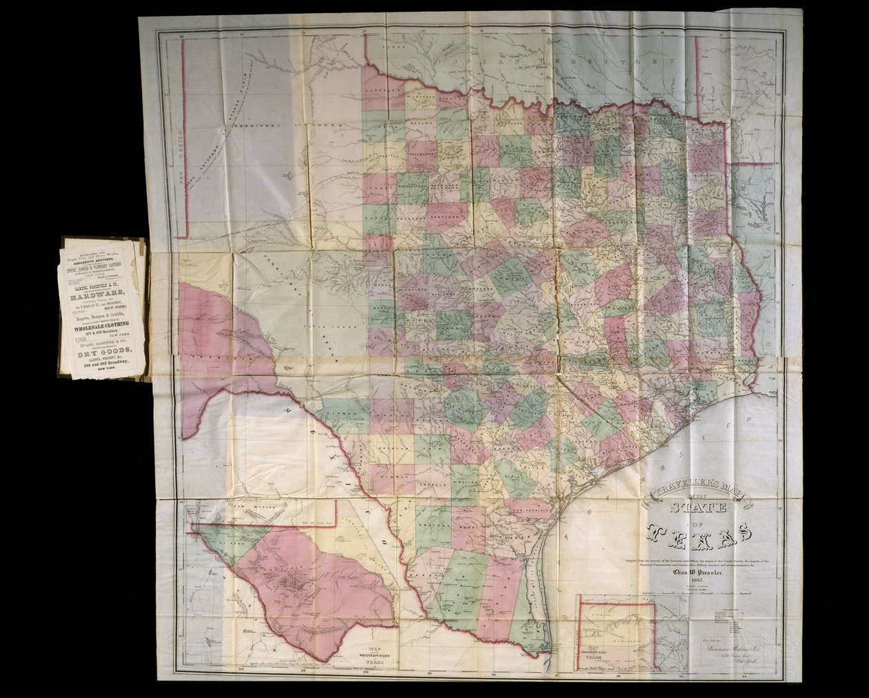Presslers Map of Texas, 1867 (litografi, i bogform) af Charles W. Pressler