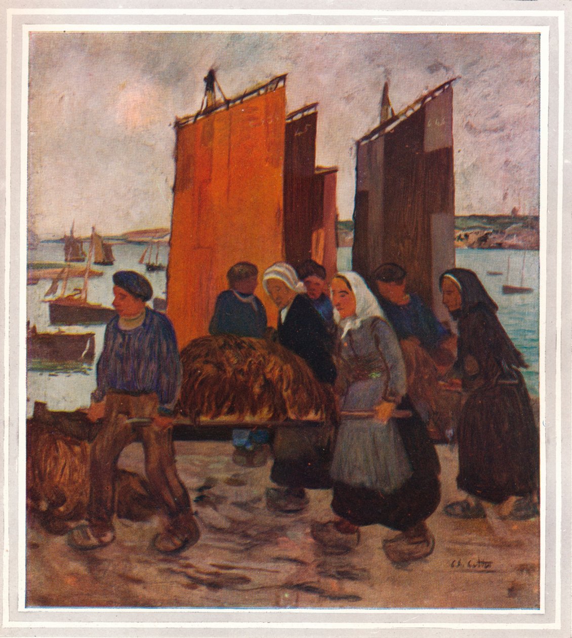 Bretonske fiskere lander fra Le Goemon, c 1903 af Charles Cottet