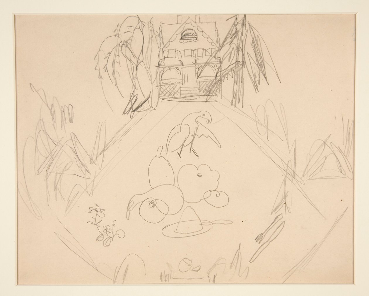 Uden titel [duer, frugter, grøntsager, hus, skrevne noter] af Charles Demuth