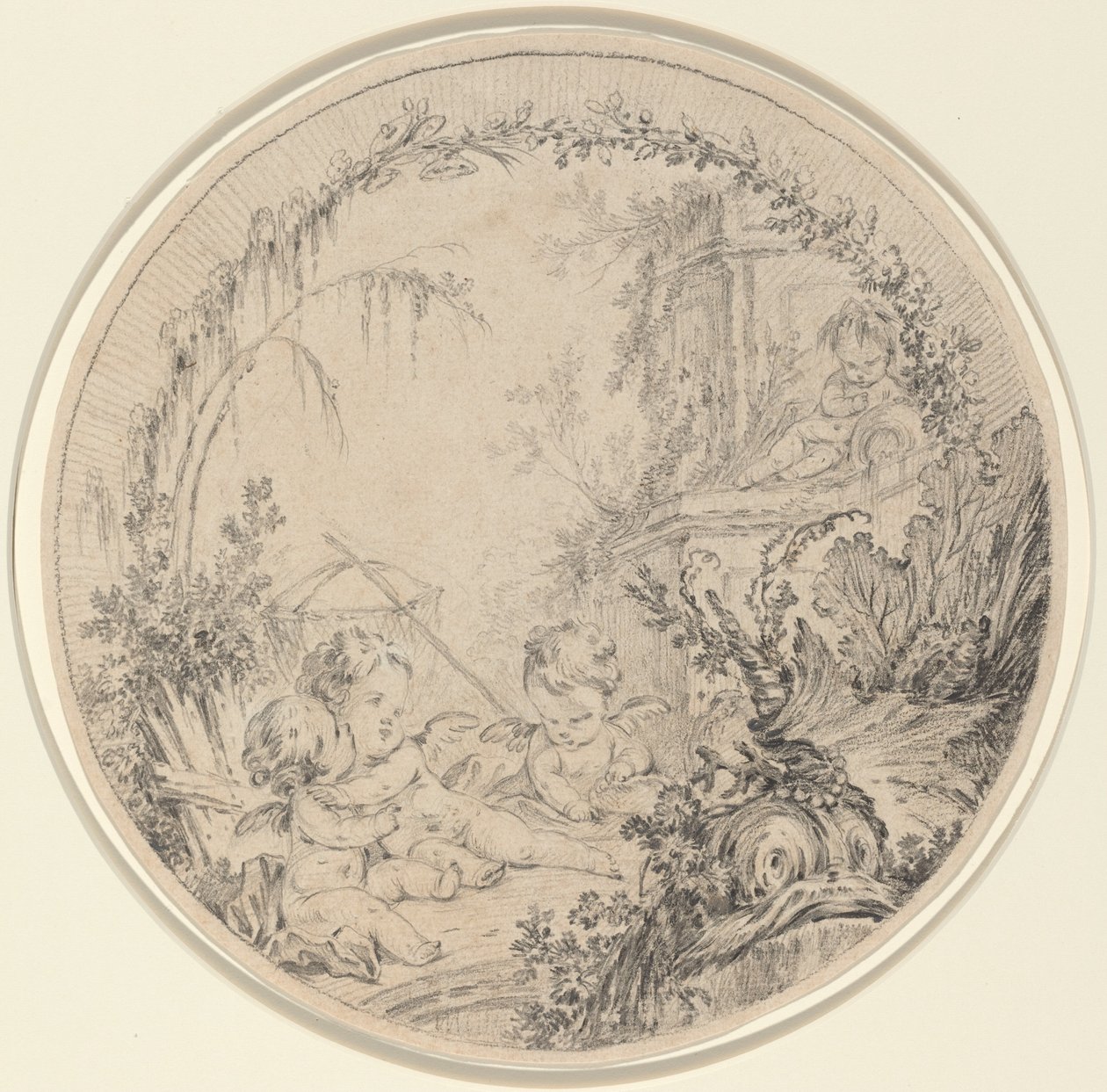 Tre putti med et fiskenet af Charles Eisen
