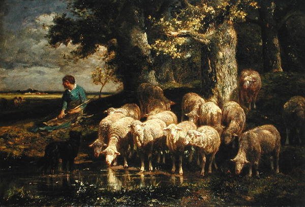 En hyrdinde med sin flok af Charles Emile Jacque