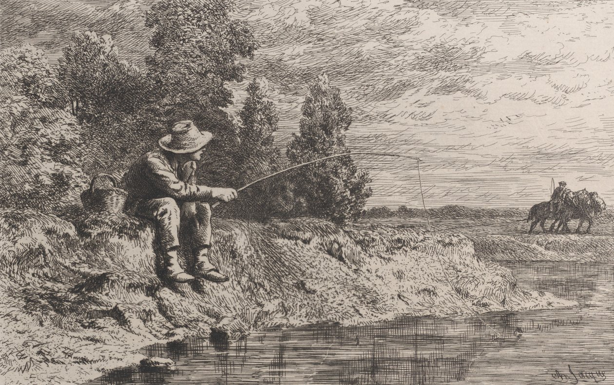 Fiskeri efter Roach, 1865. af Charles Emile Jacque