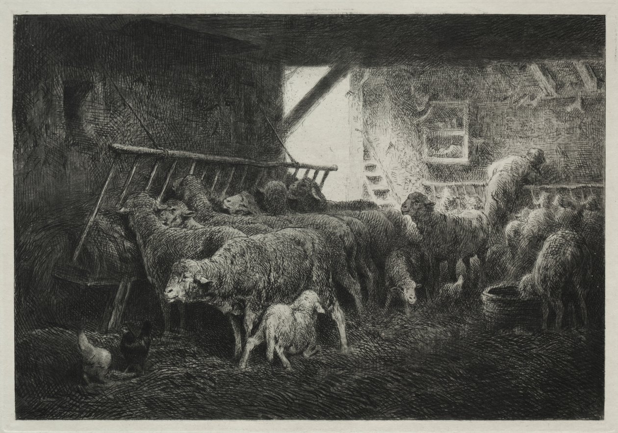 Interiør af en fåresti af Charles Emile Jacque
