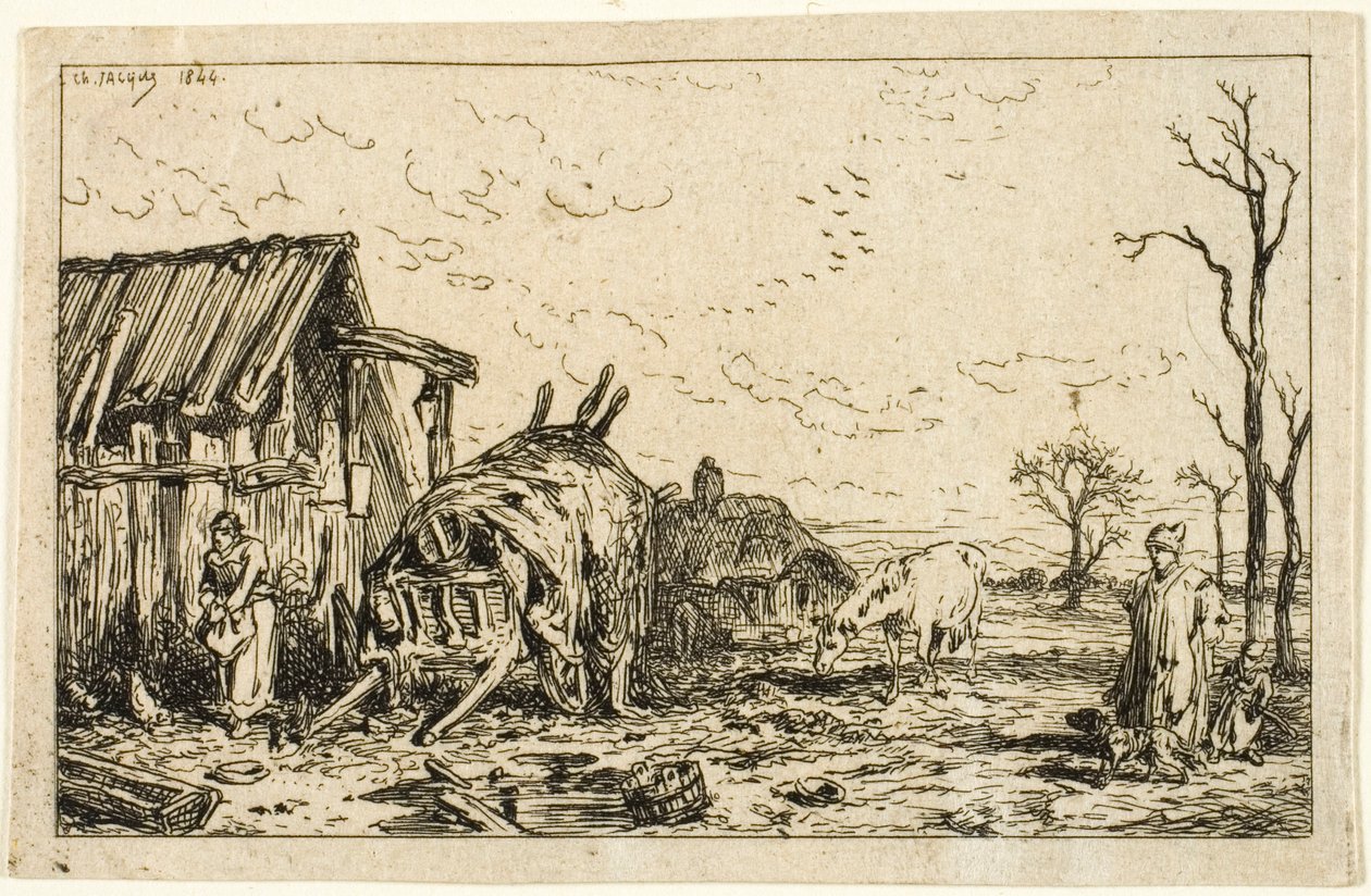 Landskab med uspændt vogn af Charles Emile Jacque