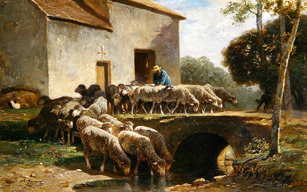 Flokken forlader (olie på panel) af Charles Emile Jacque