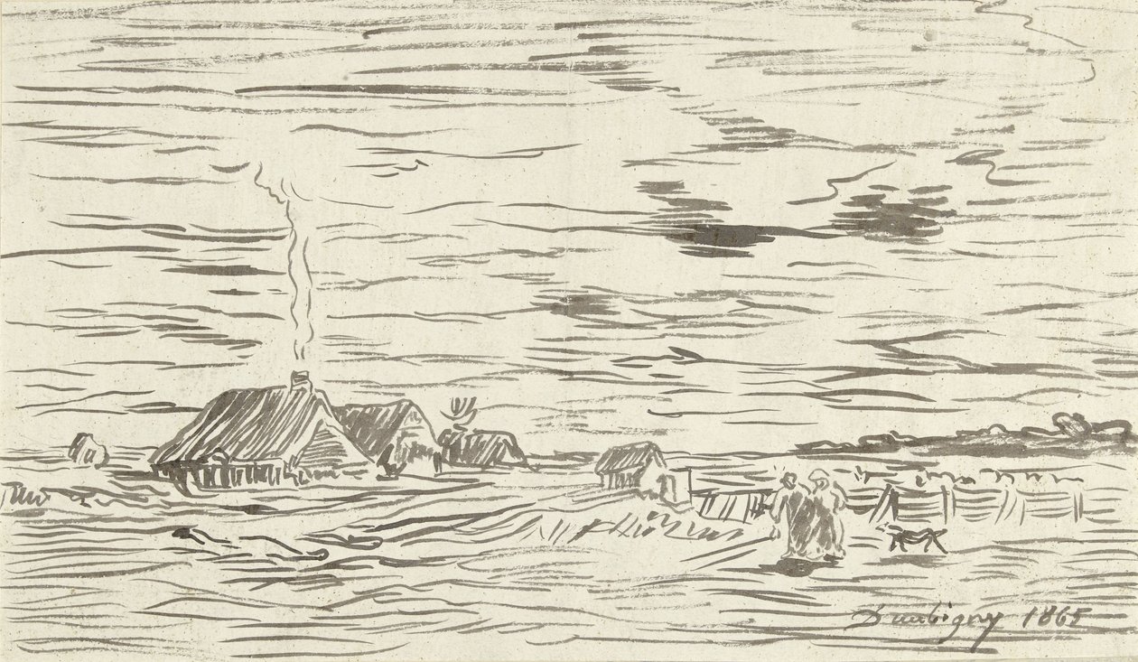 Bondehuse i fladt land af Charles Francois Daubigny