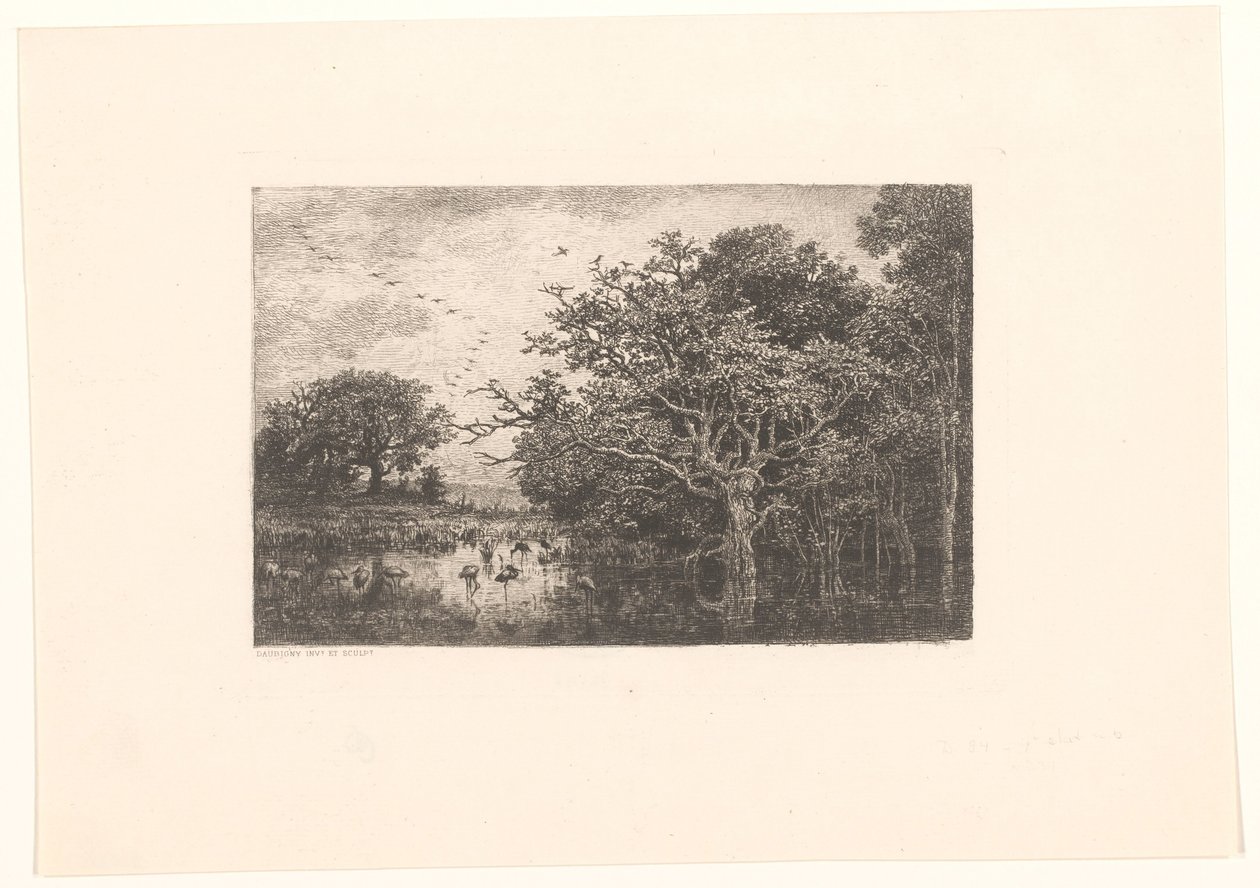 Moeras mødte ooievaars Storkemarsken af Charles Francois Daubigny