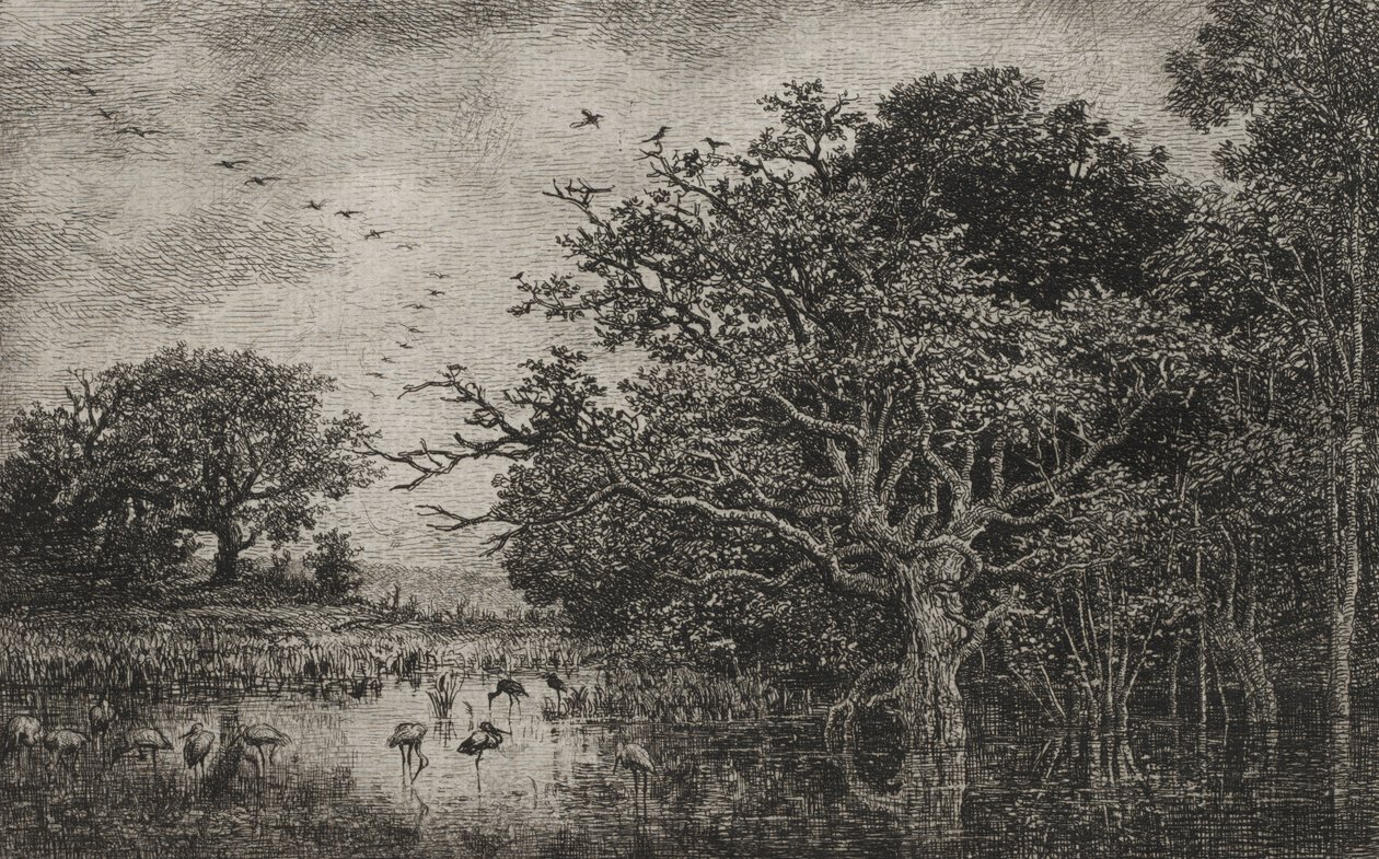 Marsken med storke af Charles Francois Daubigny