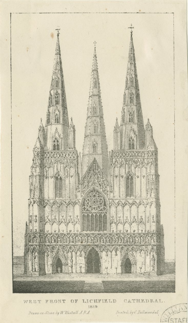 Lichfield Cathedral - Vestfronten: gravering af Charles Joseph Hullmandel