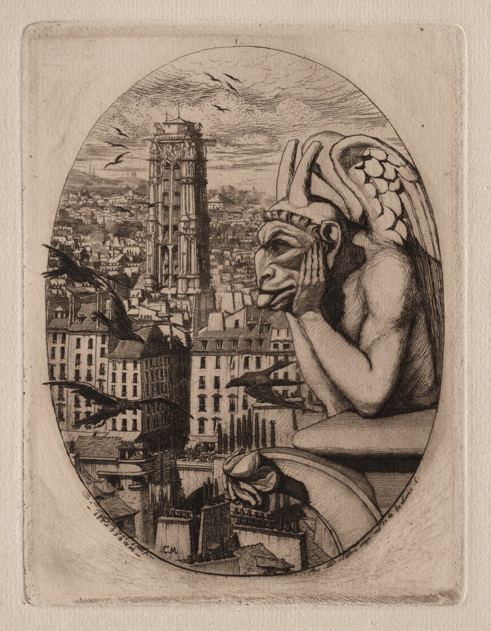 Etchings of Paris: The Gargoyle, 1853. af Charles Meryon