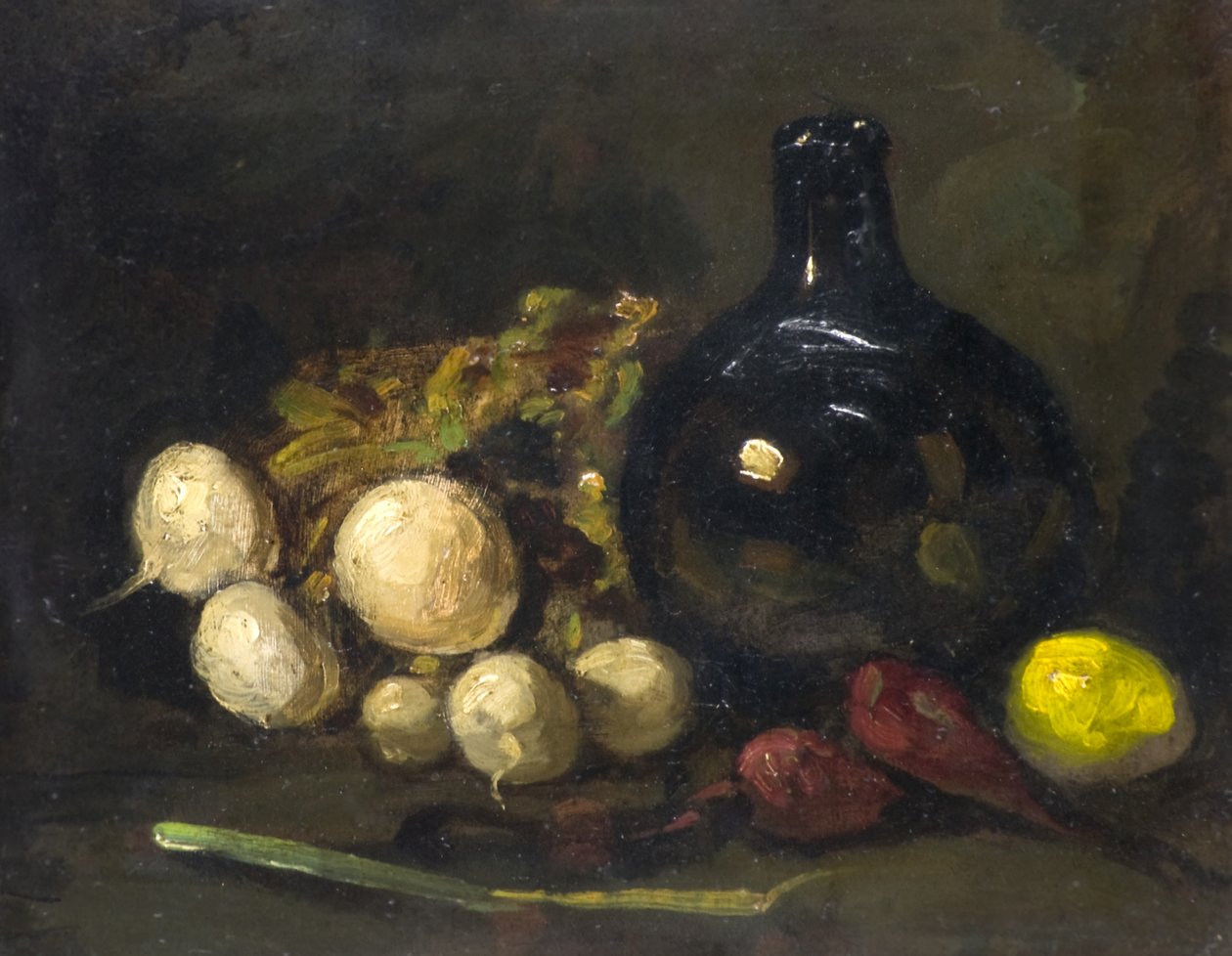 Stilleben (olie om bord) af Charles Woolford