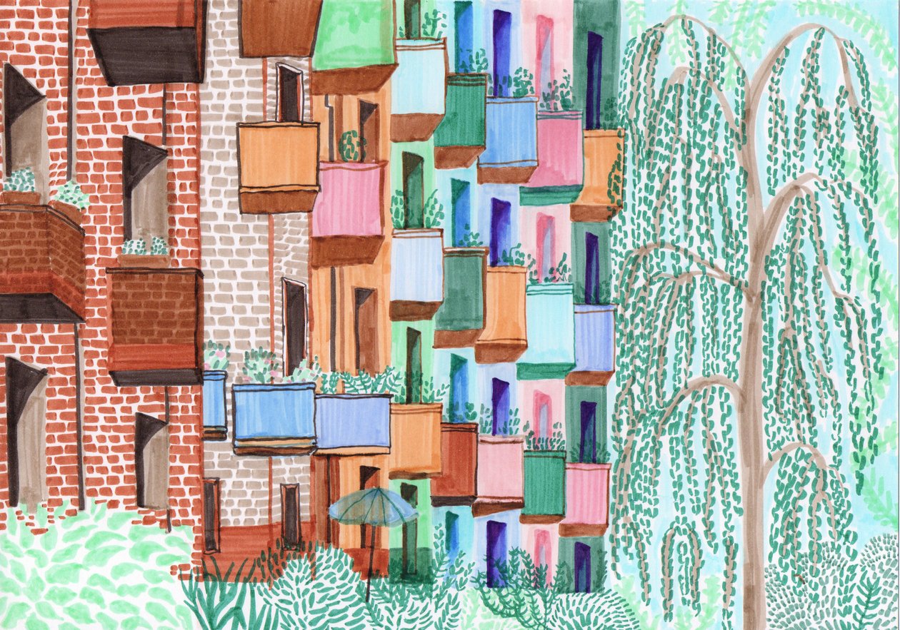 Balkoner i Kreuzberg, 2017 (pensel) af Charlotte Orr