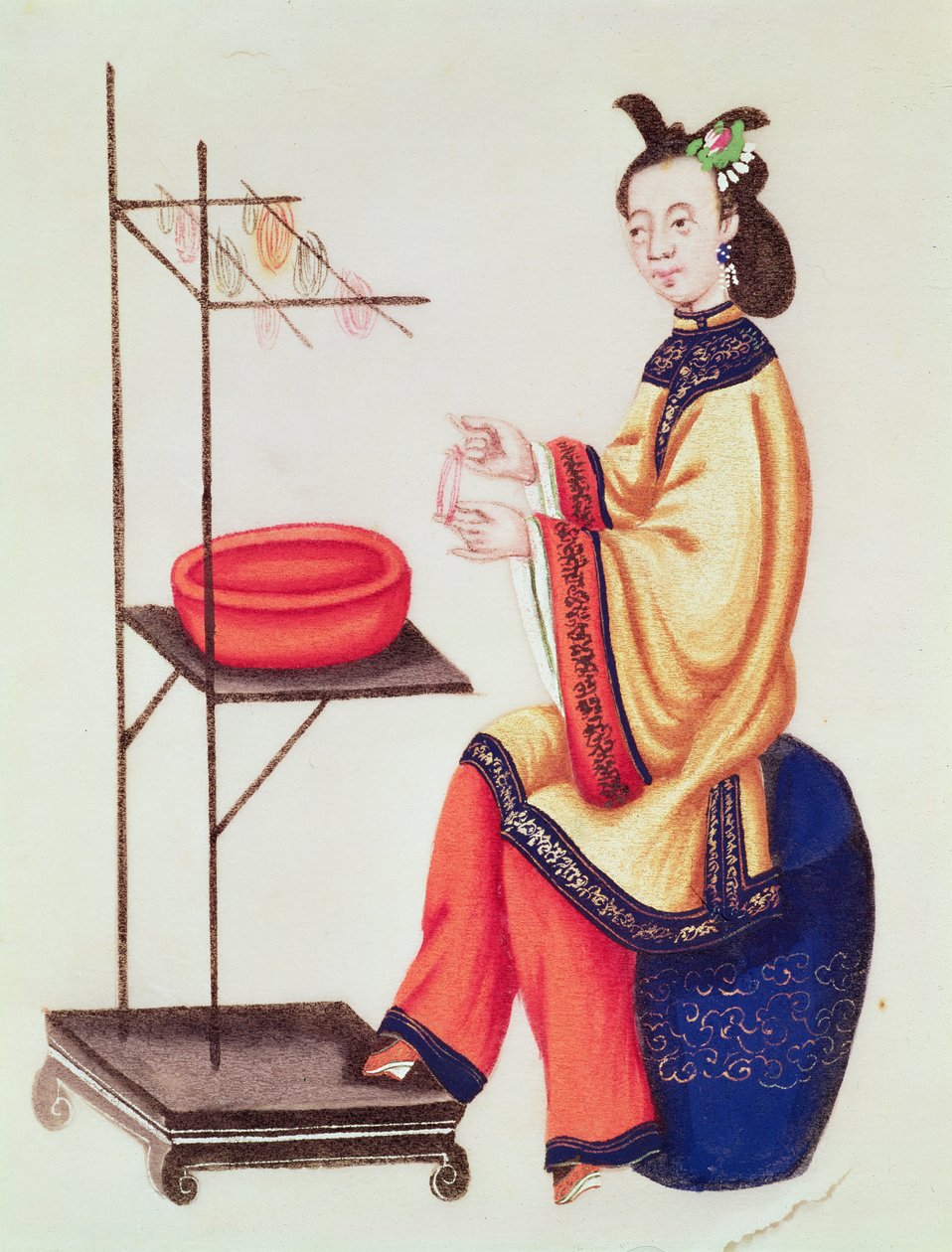 En kinesisk kvinde laver en undertråd, Qianlong-perioden (1736-96) af Chinese School