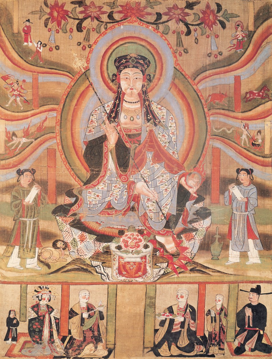 Buddhistisk banner, der viser Dizang og de seks veje til genfødsel, fra Dunhuang (maleri på silke) af Chinese School