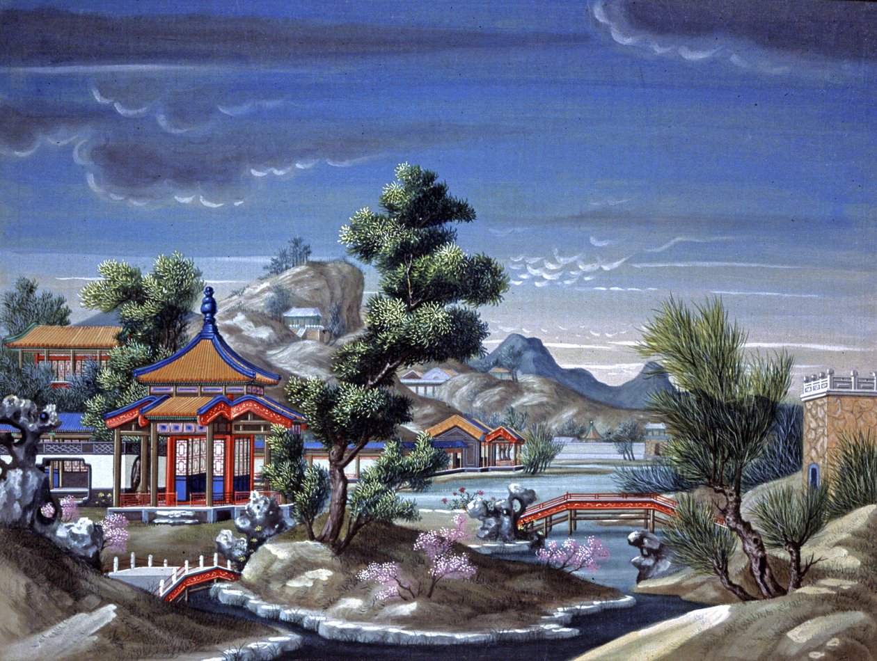 Landskab i Kina, ca. 1850 (akvarel på silke) af Chinese School